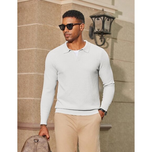 Men's Knit Polo Long Sleeve V-Neck Pullover Sweaters Collared Knitted White - Picture 4 of 6